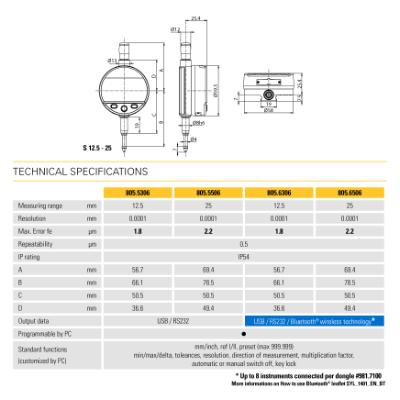 SYLVAC Digital Måleur S_Dial WORK NANO 25,0 x 0,0001 mm IP54 (805.6506) BT